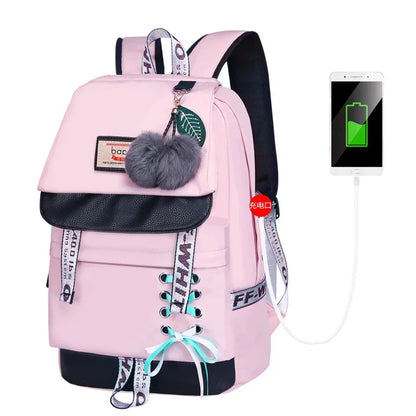 children bags for girls cute pink bag korean style bowknot fur ball girl school backpack bookbag