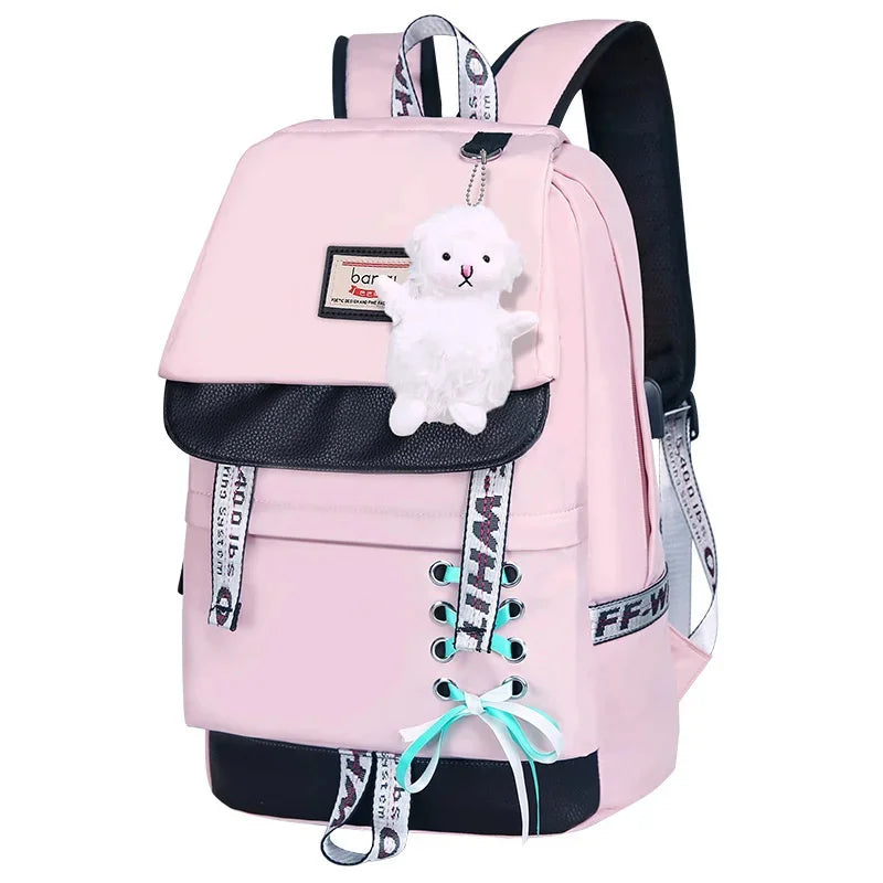 children bags for girls cute pink bag korean style bowknot fur ball girl school backpack bookbag