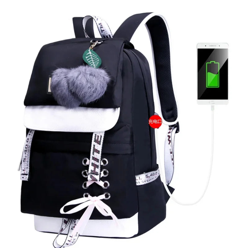 children bags for girls cute pink bag korean style bowknot fur ball girl school backpack bookbag
