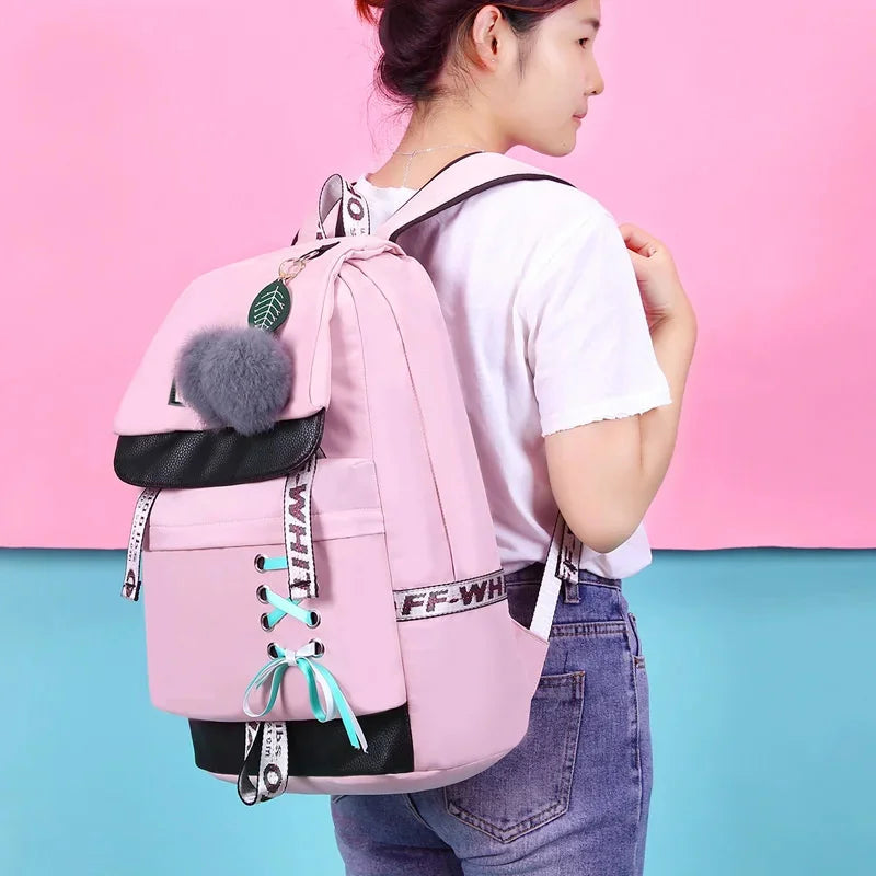 children bags for girls cute pink bag korean style bowknot fur ball girl school backpack bookbag
