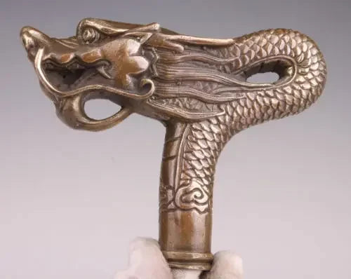 chinese Handmade Bronze Carving Dragon Collect Cane Walking Stick Head Statue