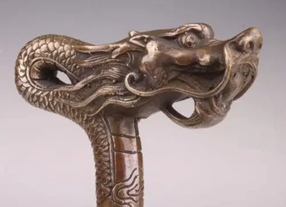 chinese Handmade Bronze Carving Dragon Collect Cane Walking Stick Head Statue