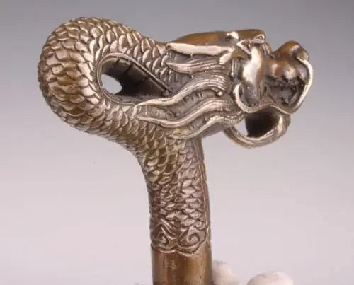 chinese Handmade Bronze Carving Dragon Collect Cane Walking Stick Head Statue
