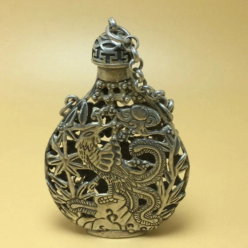 chinese Tibetan silver old copper hand carved Kirin phoenix statue snuff bottle