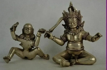 collectable Old Tibet silver Buddha angel Double body Sexual Make Love Statue