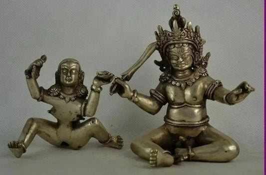 collectable Old Tibet silver Buddha angel Double body Sexual Make Love Statue