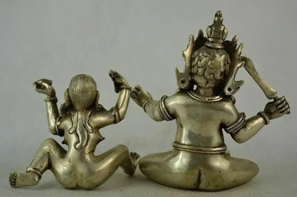 collectable Old Tibet silver Buddha angel Double body Sexual Make Love Statue