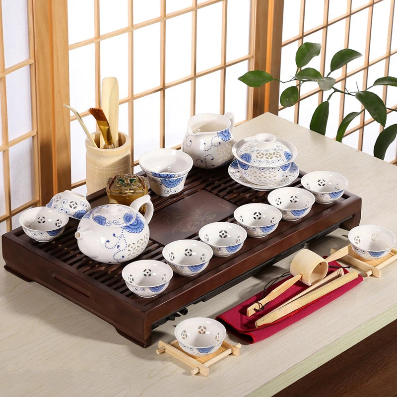 complete tea set Chinese kungfu solid wood tea tray porcelain tea pot tureen pitcher tea cups china ceramic tureen wooden table