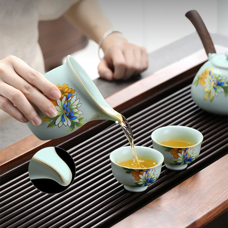 complete tea set treasure ruyao craft crackle glaze handpainted peony tea pot with handle matching cup saucer pitcher saucer mat