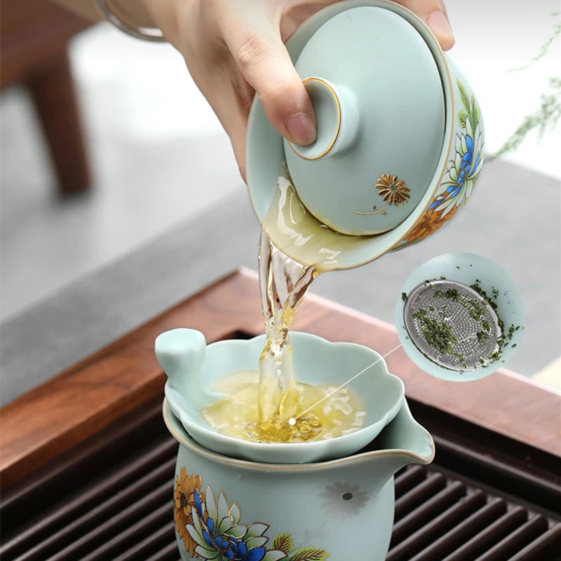 complete tea set treasure ruyao craft crackle glaze handpainted peony tea pot with handle matching cup saucer pitcher saucer mat