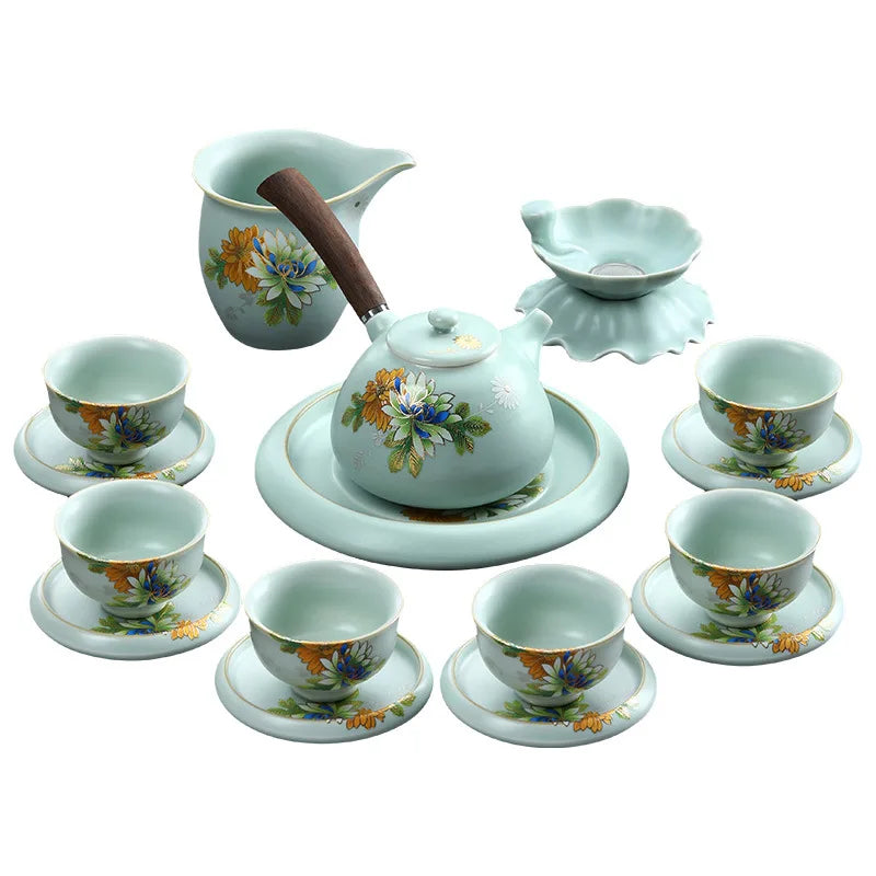 complete tea set treasure ruyao craft crackle glaze handpainted peony tea pot with handle matching cup saucer pitcher saucer mat