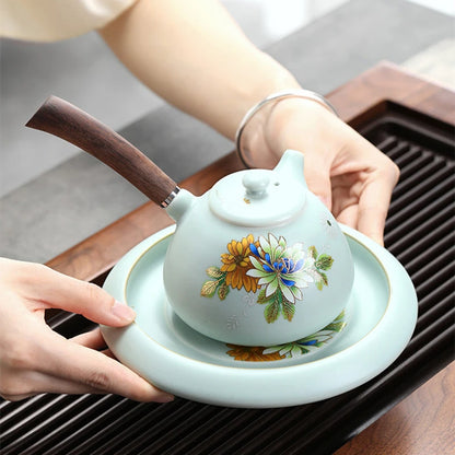 complete tea set treasure ruyao craft crackle glaze handpainted peony tea pot with handle matching cup saucer pitcher saucer mat