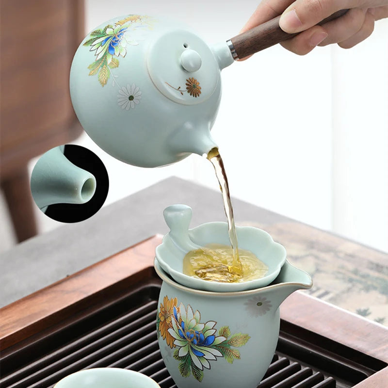 complete tea set treasure ruyao craft crackle glaze handpainted peony tea pot with handle matching cup saucer pitcher saucer mat