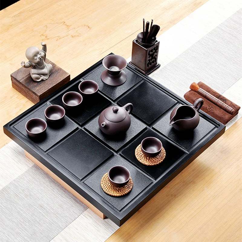 complete tea set with tea tray real yixing zisha kungfu tea sets pot cup pitcher black stone tea tray stainless steel drawer
