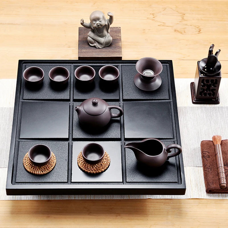 complete tea set with tea tray real yixing zisha kungfu tea sets pot cup pitcher black stone tea tray stainless steel drawer