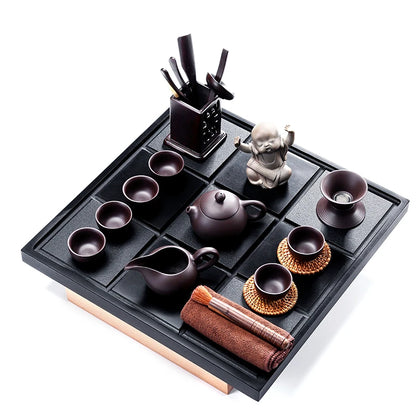 complete tea set with tea tray real yixing zisha kungfu tea sets pot cup pitcher black stone tea tray stainless steel drawer