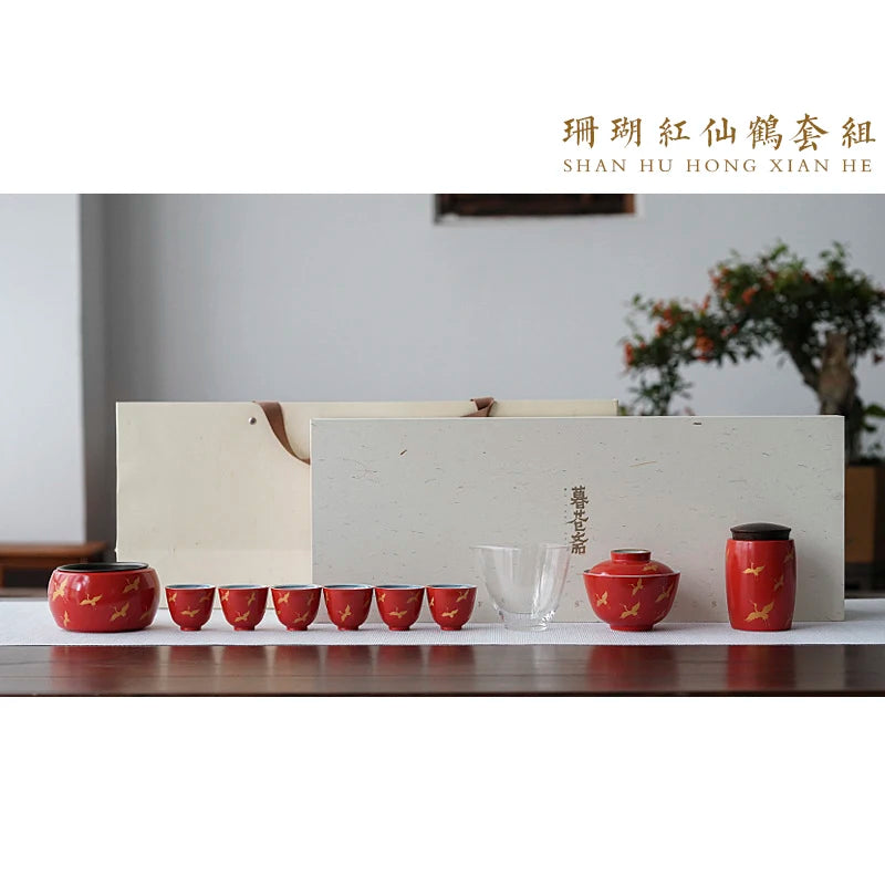 coral red tureen of a complete set of tea cups of a complete set of tea set household gift boxes set of red glaze