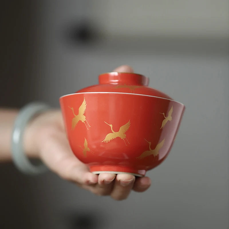 coral red tureen of a complete set of tea cups of a complete set of tea set household gift boxes set of red glaze