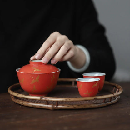 coral red tureen of a complete set of tea cups of a complete set of tea set household gift boxes set of red glaze
