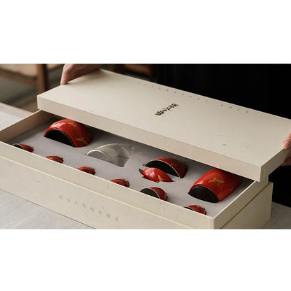 coral red tureen of a complete set of tea cups of a complete set of tea set household gift boxes set of red glaze