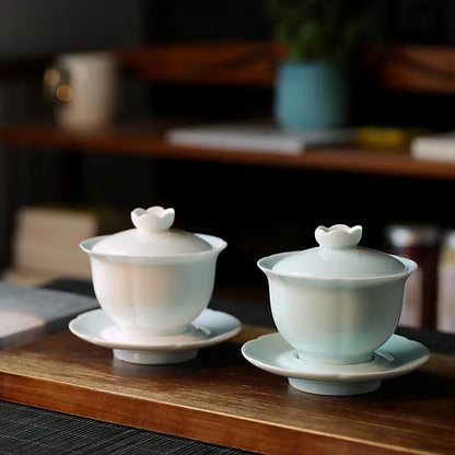 creative porcelain gaiwan Jingdezhen solid tureen cup bowl set with lid saucer Chinese ceramic covered bowl on sales