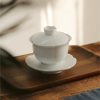 creative porcelain gaiwan Jingdezhen solid tureen cup bowl set with lid saucer Chinese ceramic covered bowl on sales