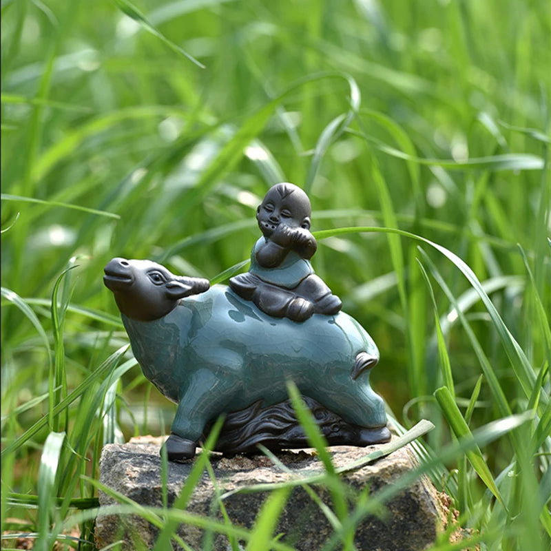 creative tea pet table decoration home garden ornament kid on cattle porcelain tea play crackle glaze craft on sales in China