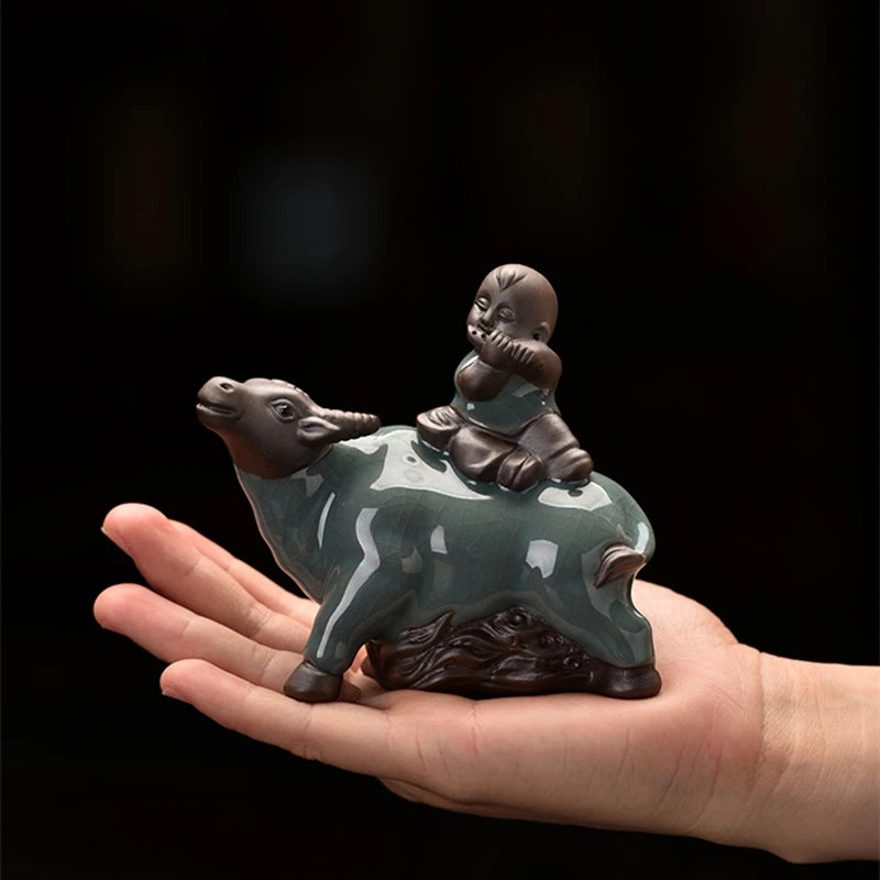 creative tea pet table decoration home garden ornament kid on cattle porcelain tea play crackle glaze craft on sales in China
