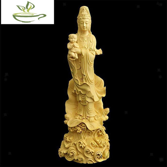 Boxwood Guanyin Sculpture Kwan-Yin Buddha Statue for Home Desktop Decoration