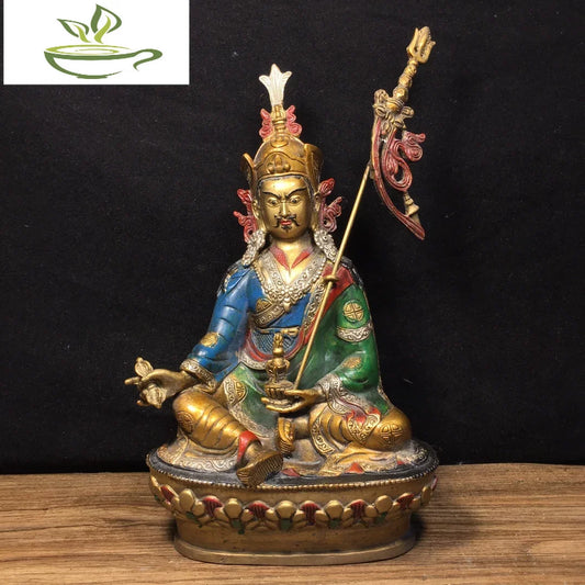 Ancient China Refined Pure Copper Painted Guru Rinpoche Padmasambhava Buddha Statue