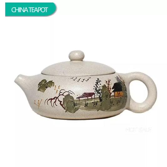 150ml Chinese Yixing Purple Clay Teapot Hand Painted Flat Xishi Filter Tea Pot Raw Ore White Mud Tea Maker Zisha Teaware