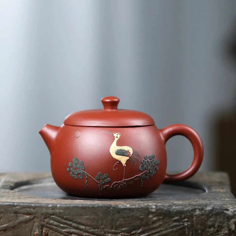 dahongpao clay tea pot crane relief embossed marked pot on big sales real yixing zisha Chinese character pot of tea in China new