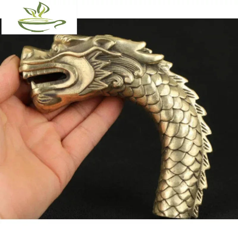 Chinese Old Handmade Copper Carved Mascot Dragon Exquisite Statue Cane Hea