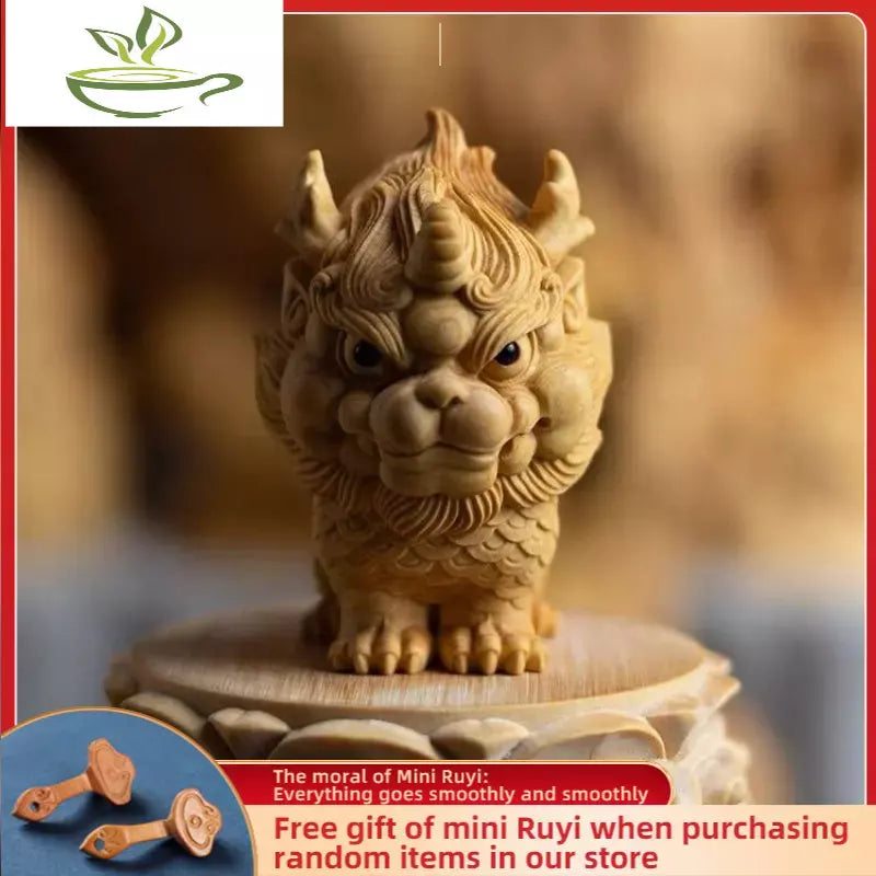 Lobular Boxwood Cliff Cypress Wood Carving Plaything Auspicious Beast Kirin Car Desk Decoration Artifact Buddha Statue Figurine