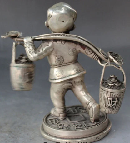 decoration bronze factory outlets Tibet Silver  7" Chinese Silver Wealth Yuanbao Money Tongzi Kid Shoulder Barrel Bucket Statue