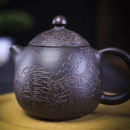 dragon carved egg shape tea pot with 7 infuser holes marked master pots 170ml orignal ore real yixing zisha black galaxy clay