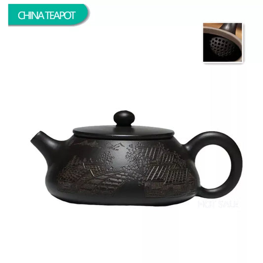 120ml Boutique Yixing Purple Clay Teapot Raw Ore Black Mud Stone Scoop Tea Pot Home Ball Hole Filter Kettle Zisha Tea Set