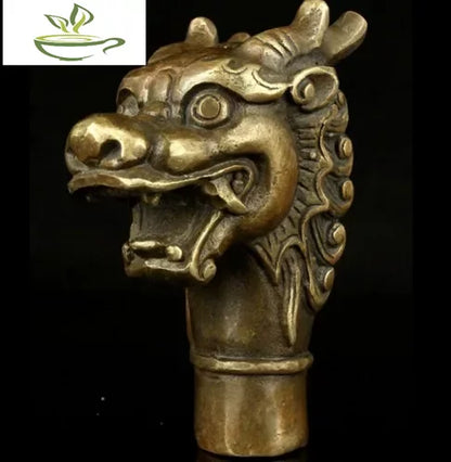 Handwork Carving Bronze Fierce Dragon Statue Cane Walking Stick Amulet