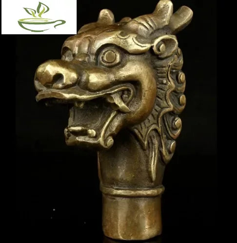 Handwork Carving Bronze Fierce Dragon Statue Cane Walking Stick Amulet