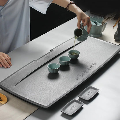engraved Chinese words weighted black stone tea table water draining copper outlet pipe heavy tea boat 25kg for kungfu tea set