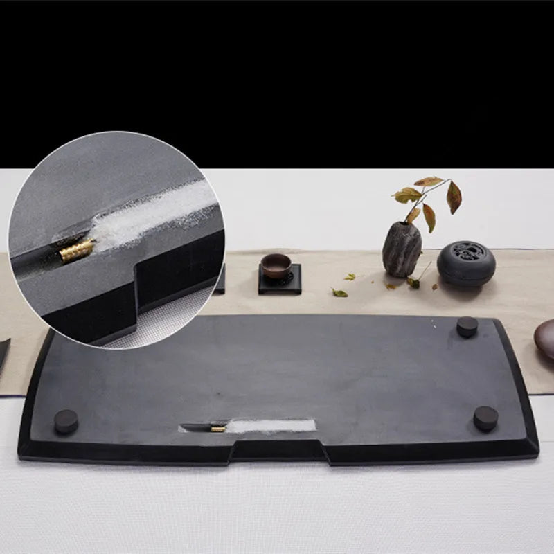 engraved Chinese words weighted black stone tea table water draining copper outlet pipe heavy tea boat 25kg for kungfu tea set