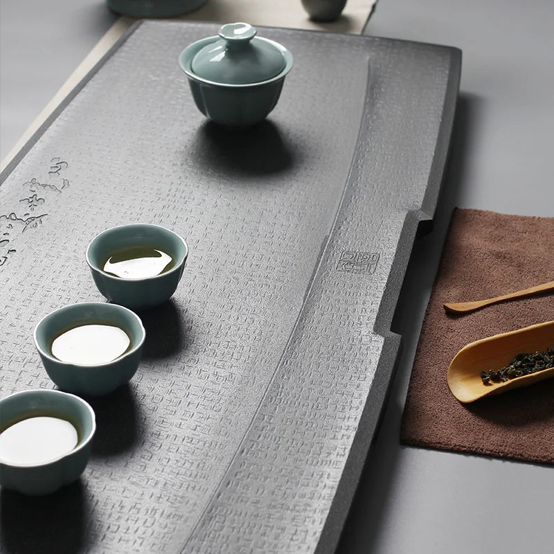 engraved Chinese words weighted black stone tea table water draining copper outlet pipe heavy tea boat 25kg for kungfu tea set