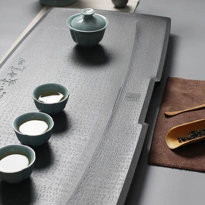 engraved Chinese words weighted black stone tea table water draining copper outlet pipe heavy tea boat 25kg for kungfu tea set