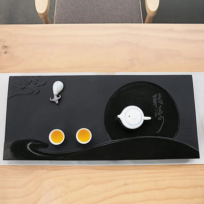 engraved moon cloud tea tray water draining tea table for kungfu tea set heavy black stone tea boat Chinese serving tray carved