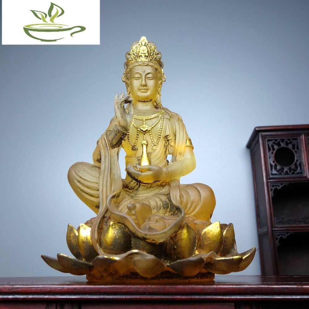 Collect China old Coloured glaze gilt carefully carve lotusbottle guanyin statue