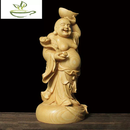22cm Solid Wood Carving with Ingots and Big Belly Maitreya Buddha Statue Carved Buddha Statue Home Car Fortune Ornaments