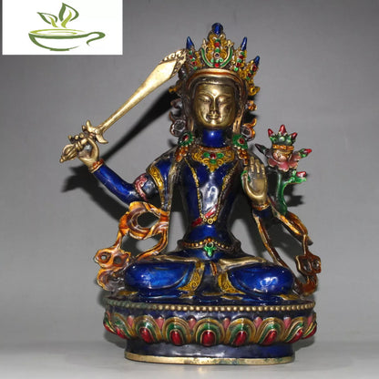 Buddhism Hand Engraving Cloisonne Brass Bodhisattva Manjusri Buddha Statue