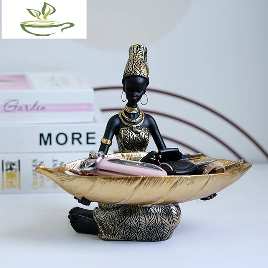 Resin African Black Woman Storage Statue Exotic Figurines Home Interior Desktop Decor Keys Candy Container Craft Item
