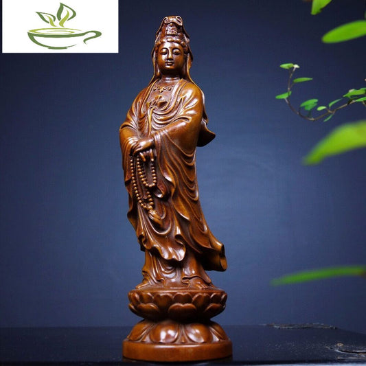 Old Chinese Boxwood Wood hand Carved lotus Guanyin Buddha exquisite Statue