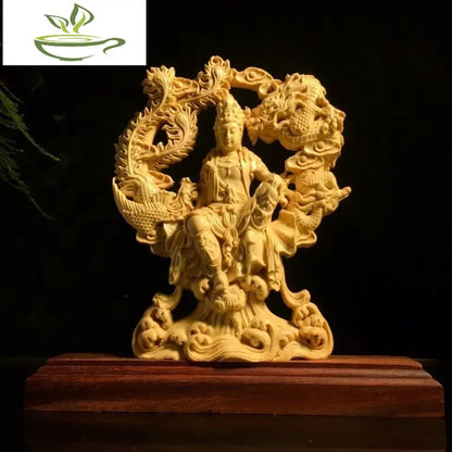Chinese Guanyin Woodcarving Dragon and Phoenix Statue Solid Wood Carving Home Decor Buddha Statue